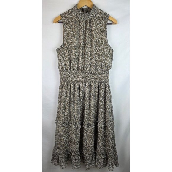 1.State Womens Dress Size Large Tan Floral Sleeveless High Neck Ruffle Lined - Picture 1 of 15